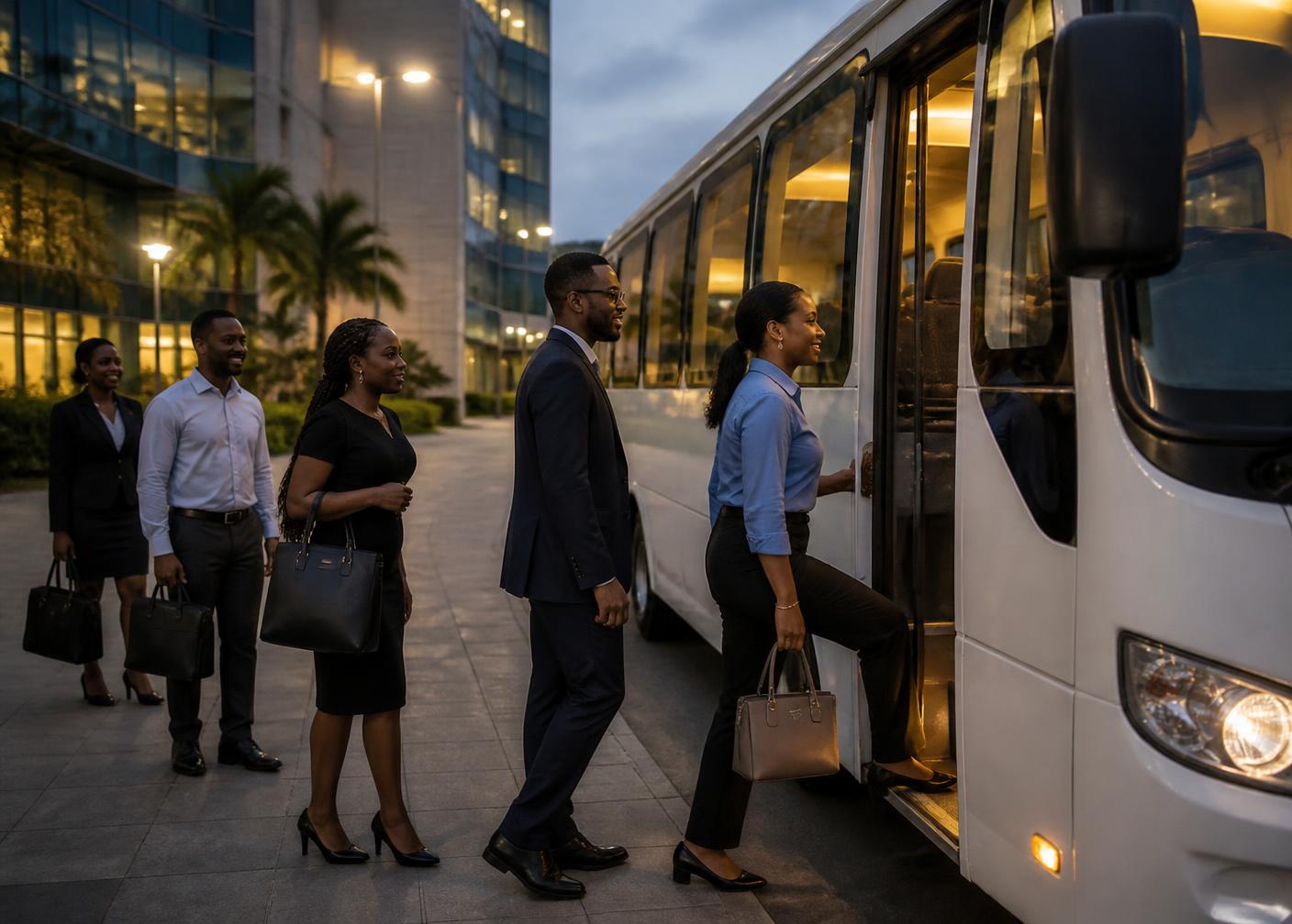 Employees boarding a Koinonia Xpress staff shuttle at dusk